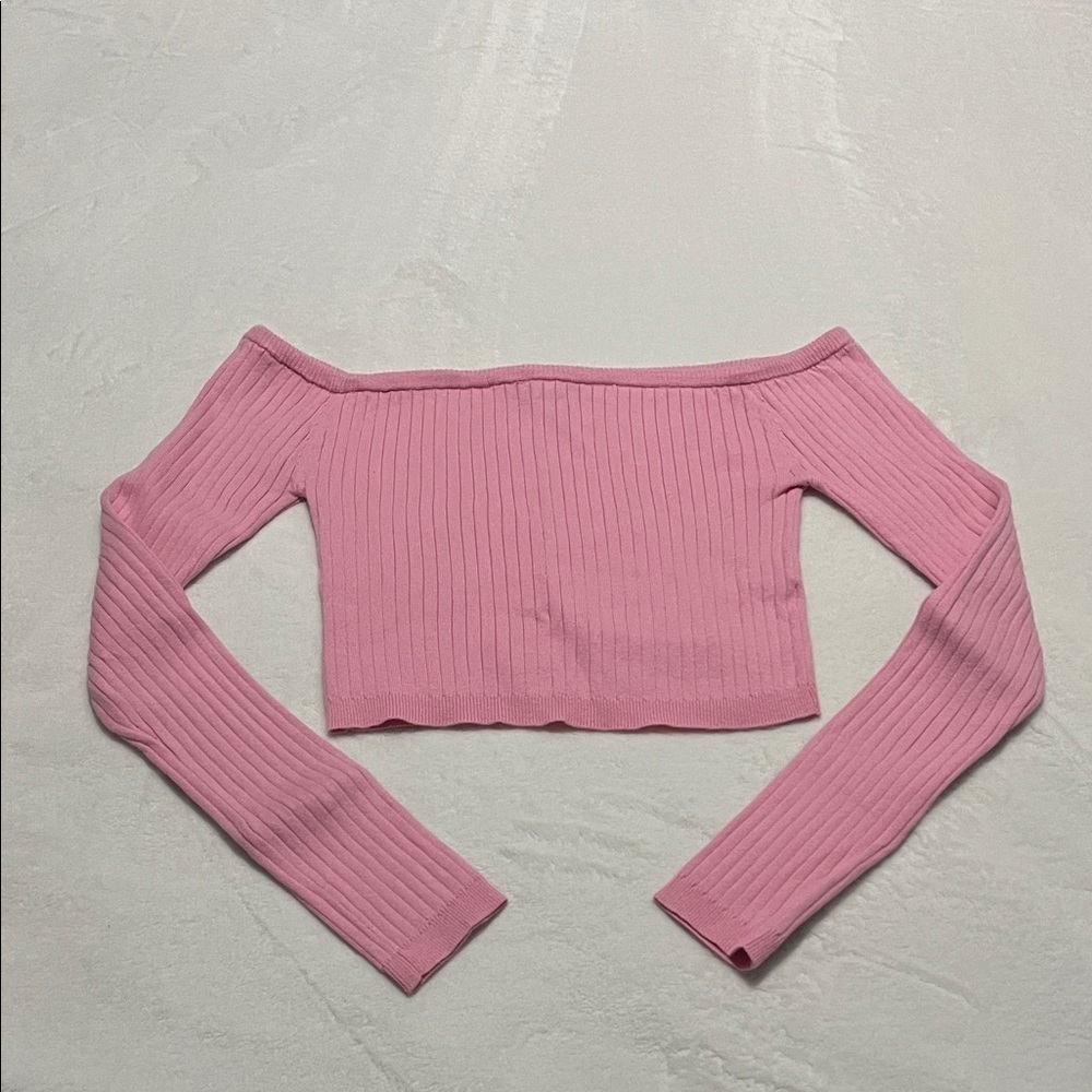 Cropped Pink Off-Shoulder Ribbed Sweater - Picture 2 of 4